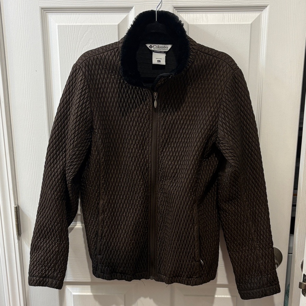 Columbia Unisex Chocolate Dark Brown Textured Jacket W/ Faux Fur collar L